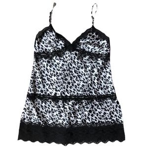 Victoria’s Secret Black White Leopard Print Nightie Lace Trim Size Small